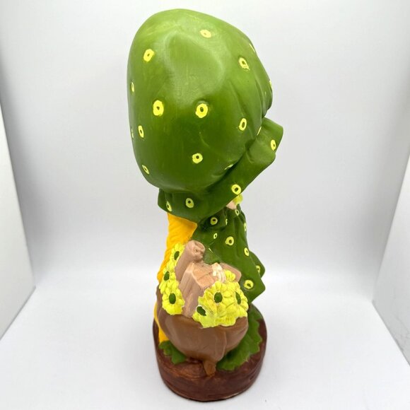 Vtg 1970s Ceramic Girl Bonnet Figurine Hand Painted Polka Dot Dress Flower Bag - Picture 9 of 9